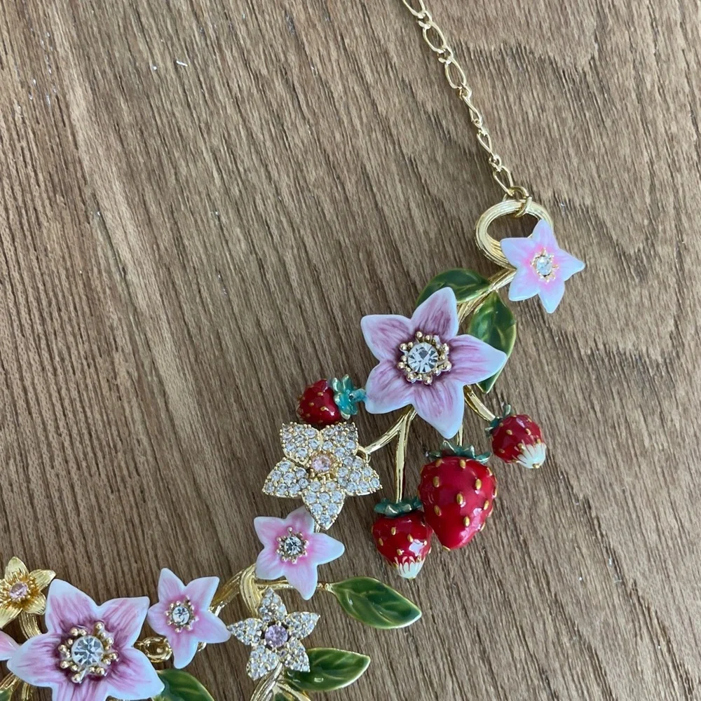 Anthropologie Pink, Red & Green Strawberry Floral Necklace - Picture 9 of 10